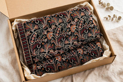 Black Luxe Embroidered Velvet Shawl Full Paisley Bareeze Work Winter Formal Shawl