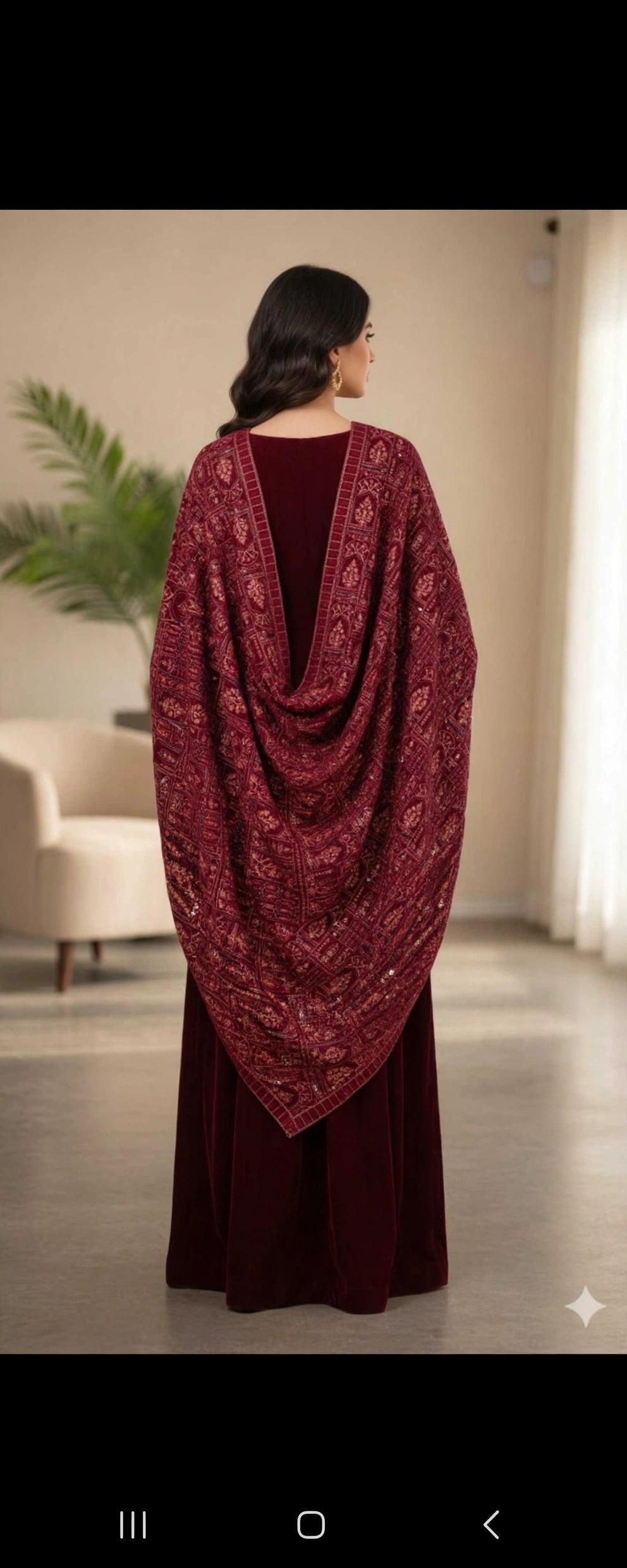 Burgundy Velvet Pakistani Dress with Heavily Embroidered Shawl