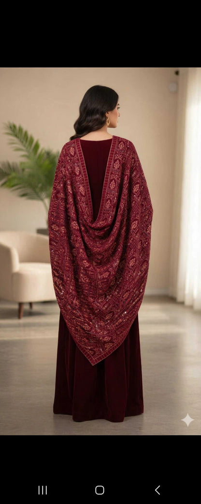 Burgundy Velvet Pakistani Dress with Heavily Embroidered Shawl