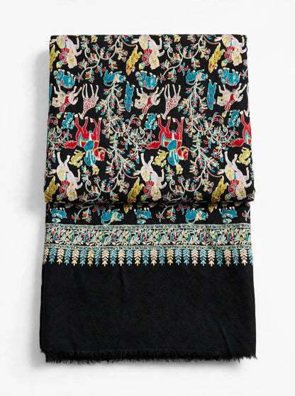 Black Shikargah Kani Pashmina Shawl  Multicolor Hunting Scene Embroidered Wool Shawl