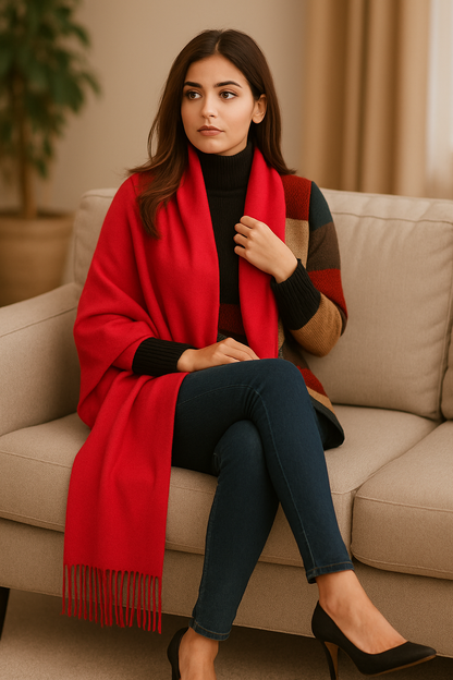 Vibrant Red Winter Stoler  Soft Wool Blend with Tassel Fringe