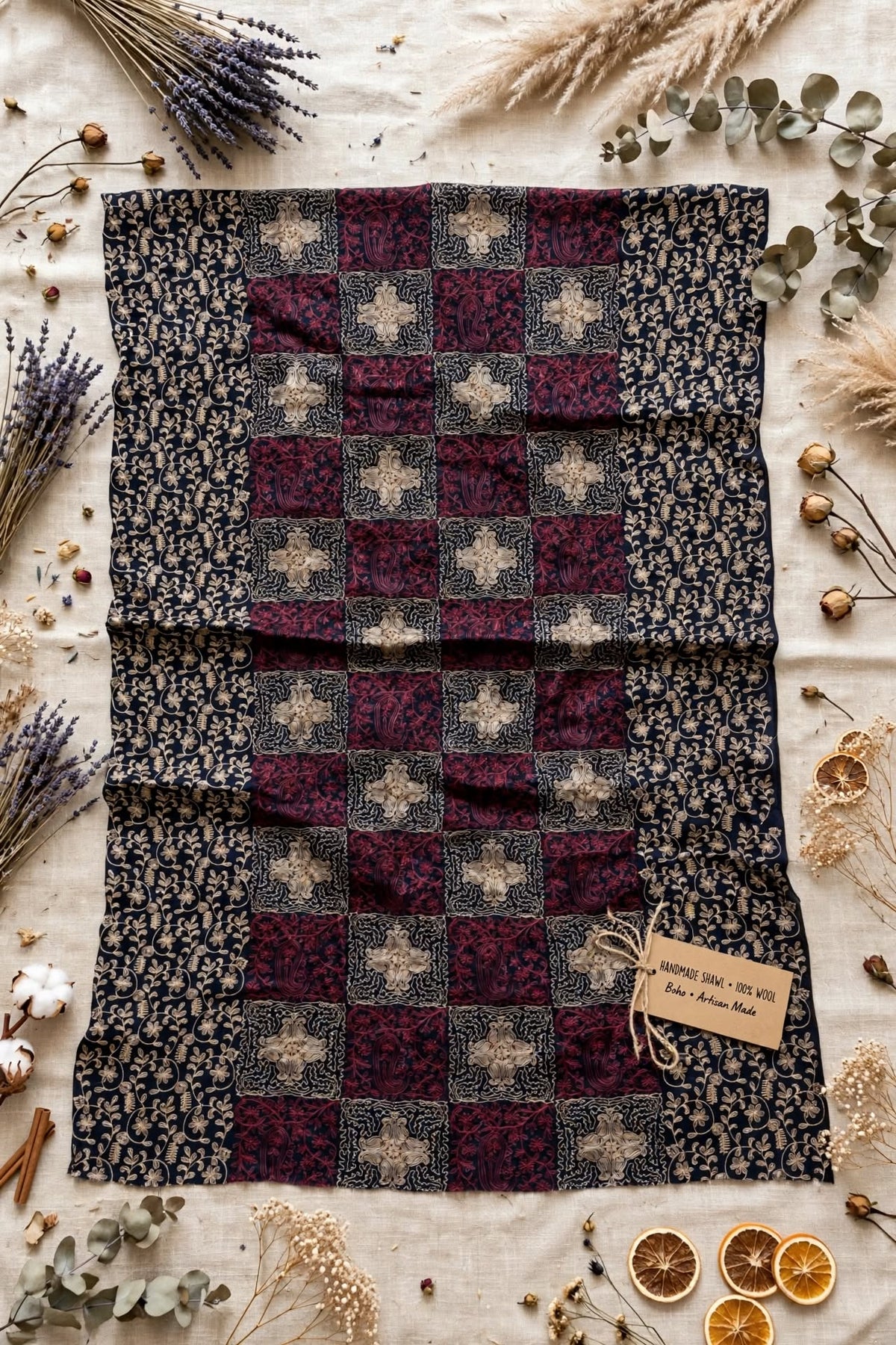 Navy Blue Burgundy Checkered Pashmina Shawl