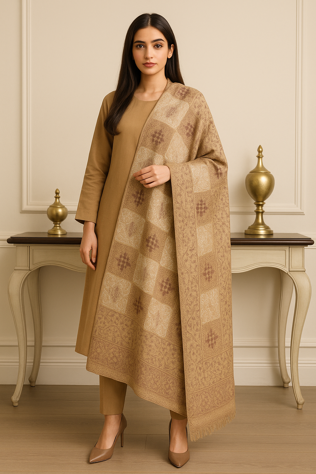 Elegant Pashmina Shawl with Aari Embroidery Warm Beige & Maroon Tones
