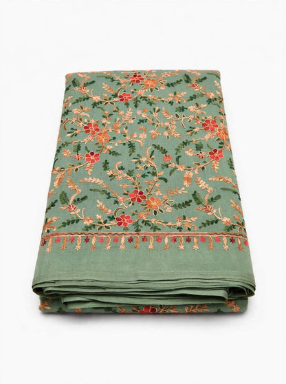 Sage Green All-Over Embroidered Pashmina Shawl - Kashmiri Aari Jaal Work