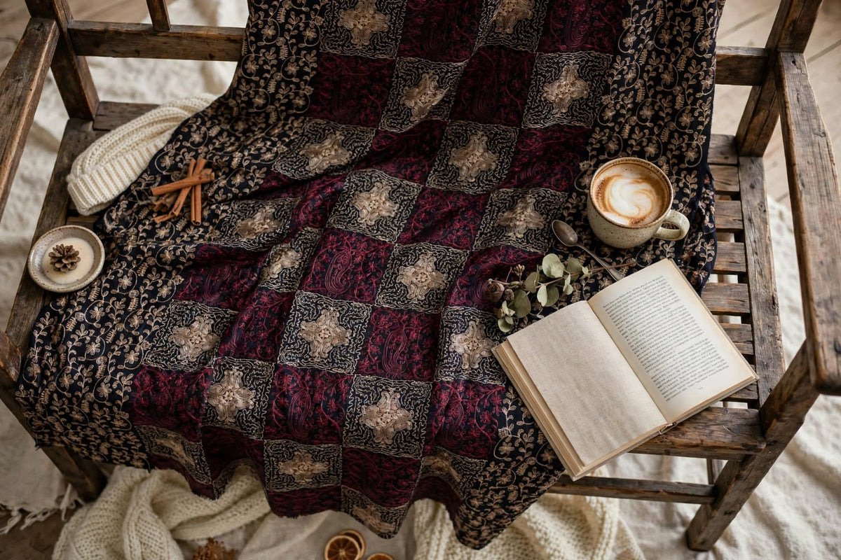 Navy Blue Burgundy Checkered Pashmina Shawl