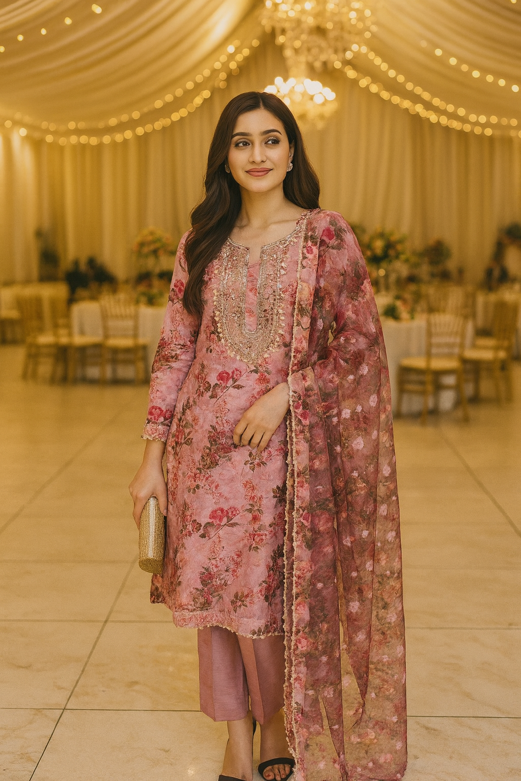 Floral embroidered gota hand embroidered neckline