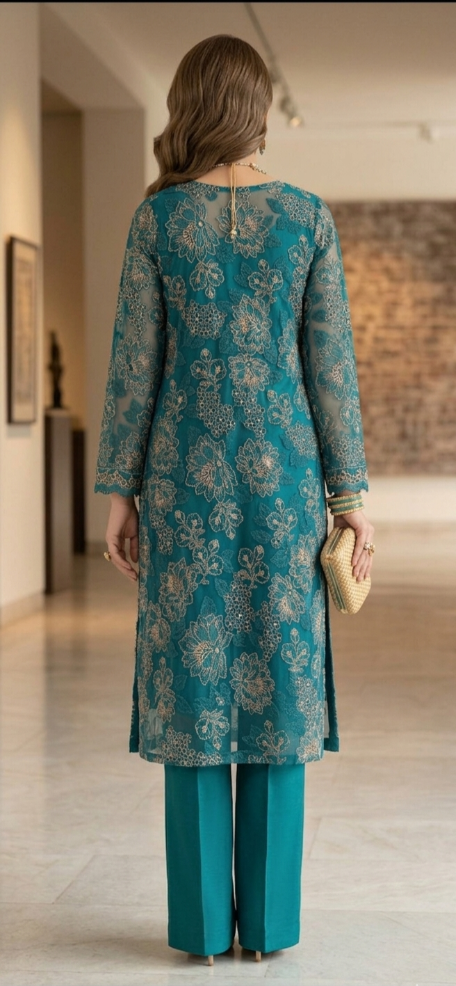 Teal Elegance: Laser-Cut Embroidered Shirt & Chiffon Dupatta Set