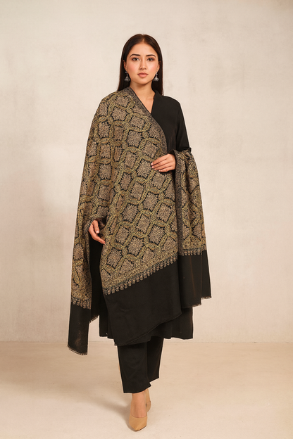 Aari Embroidered Pashmina Shawl – Black & Golden Elegance