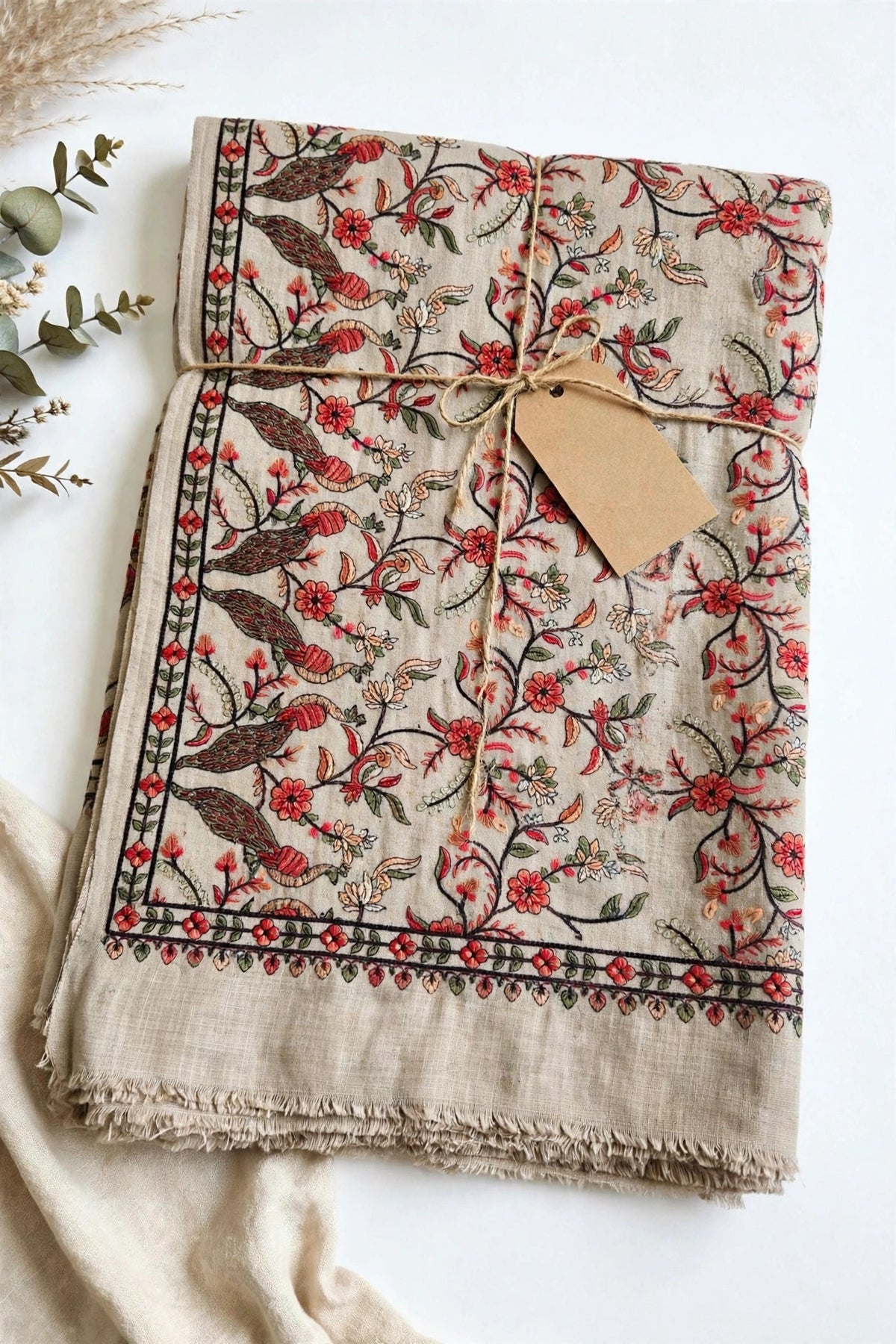 Beige Pashmina Papier Mâché Embroidered Shawl