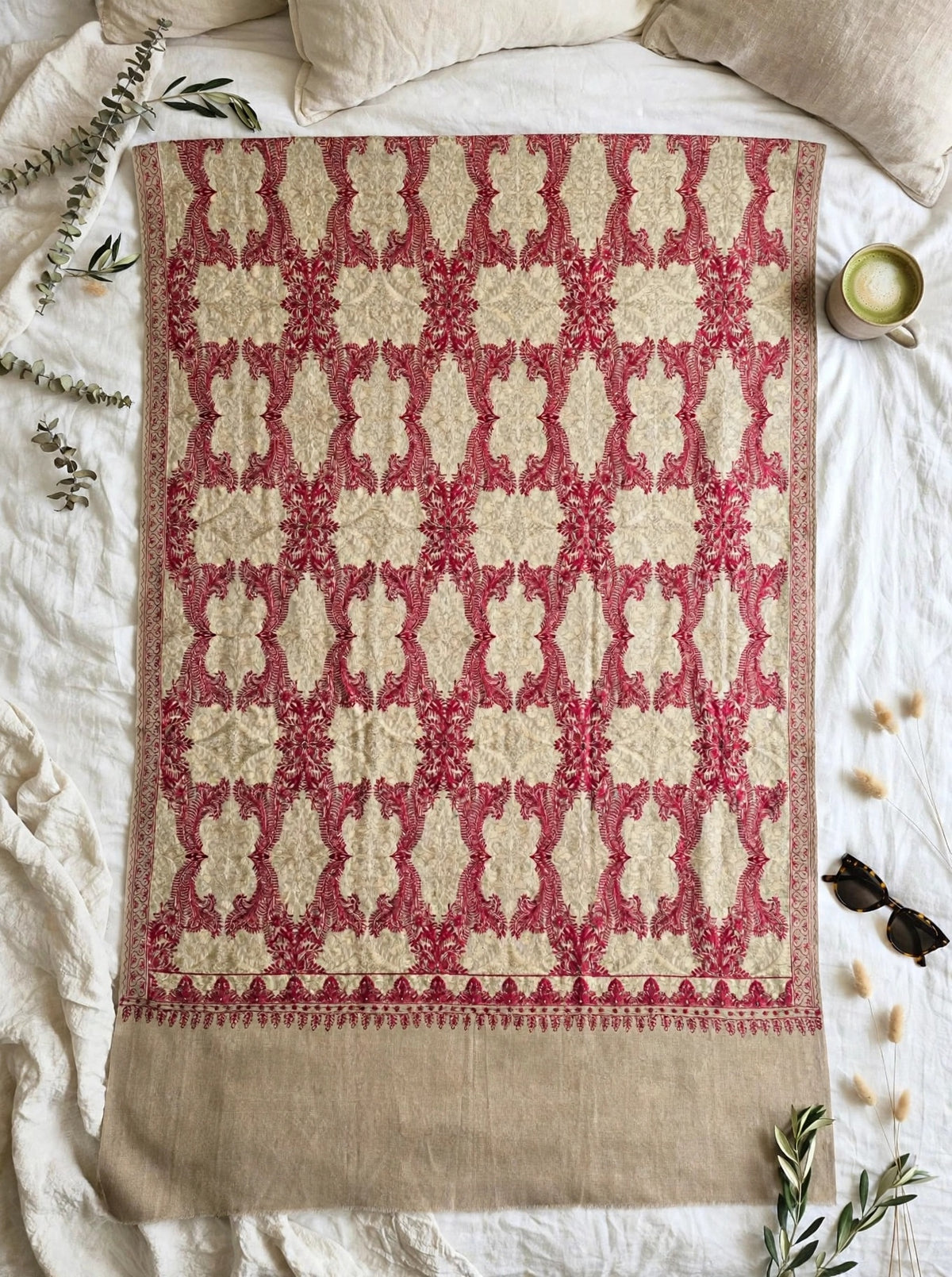 Beige Kashmiri Pashmina Shawl with Raspberry Pink Aari Embroidery