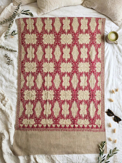 Beige Kashmiri Pashmina Shawl with Raspberry Pink Aari Embroidery
