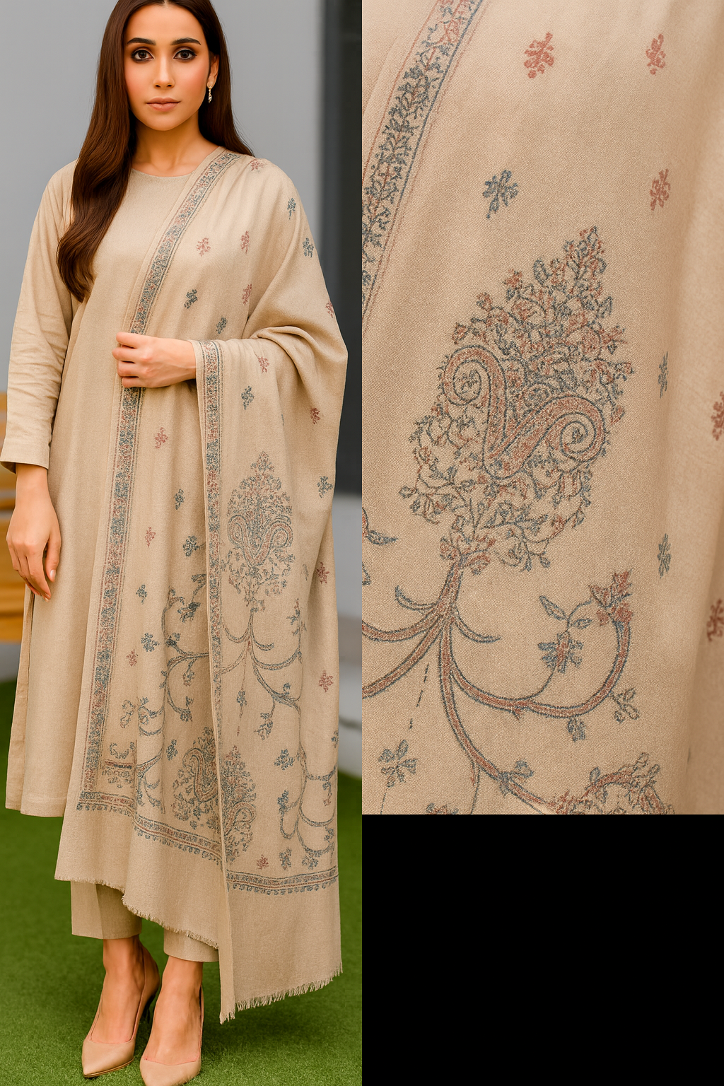 Elegant Pashmina Shawl with Fine Needle Embroidery  Beige