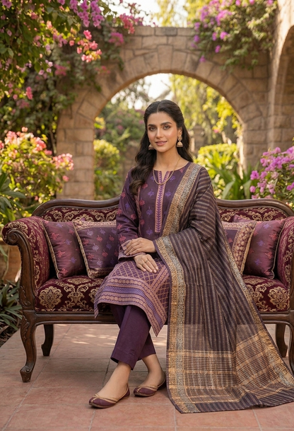 Imperial Plum: Hand-Block Printed 3-Piece Jacquard Ensemble