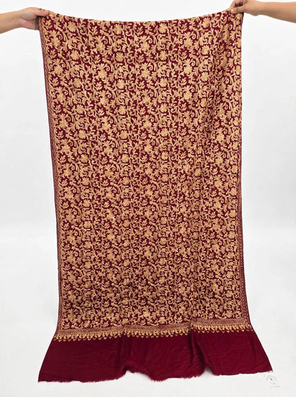 Maroon Pashmina Shawl Gold Aari Embroidery