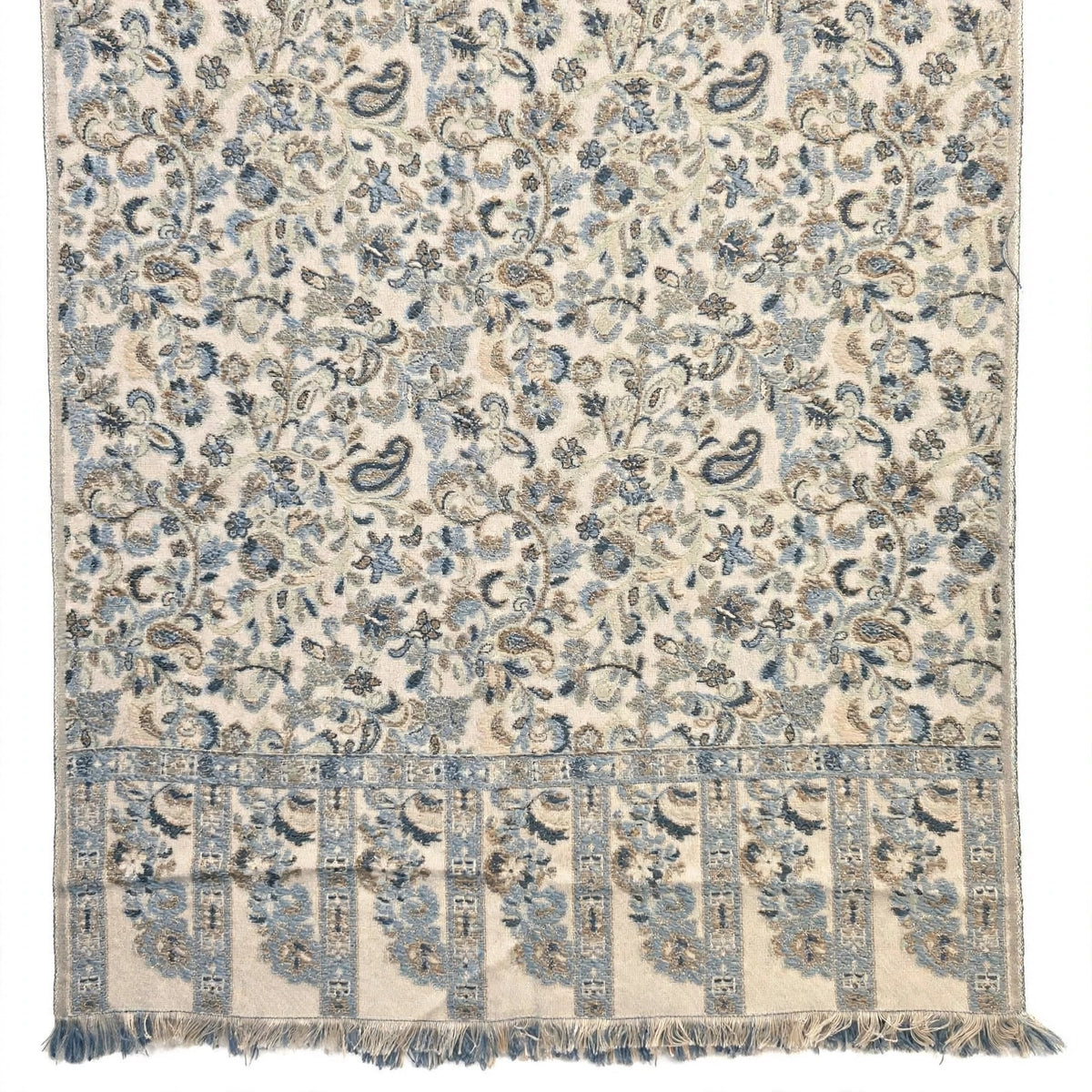 Authentic Kani Pashmina Shawl Mini - Cream & Blue Paisley - Lightweight Wool Scarf - Traditional Kashmiri Kani Work Stole