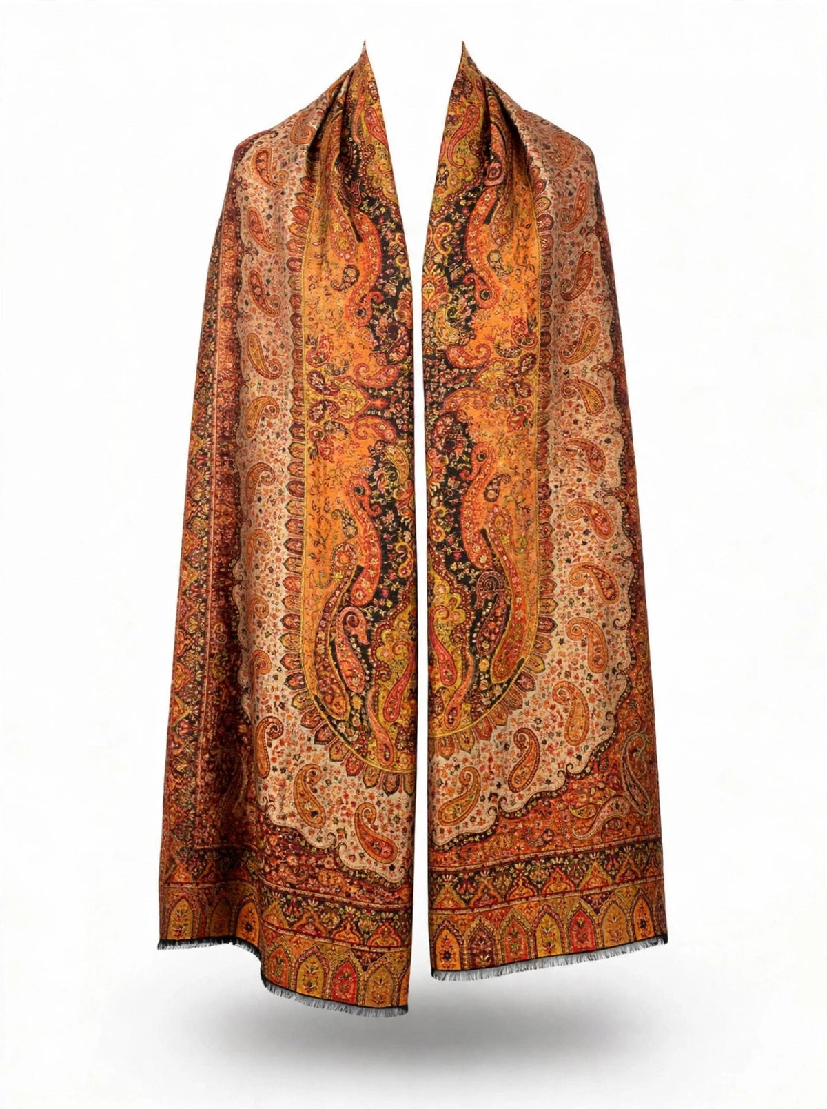 Heritage Jama Silk Zari Shawl Rust Orange & Gold Paisley Work