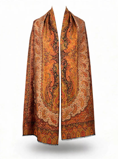 Heritage Jama Silk Zari Shawl Rust Orange & Gold Paisley Work