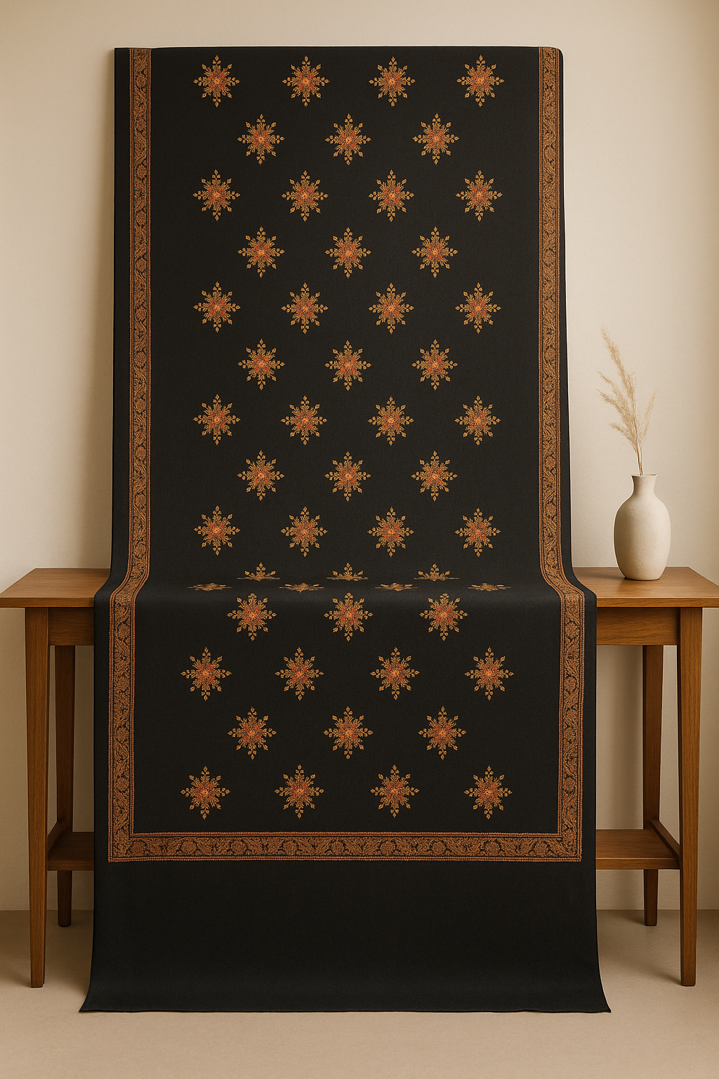 Luxury Black Pashmina Shawl with Golden & Maroon Embroidery