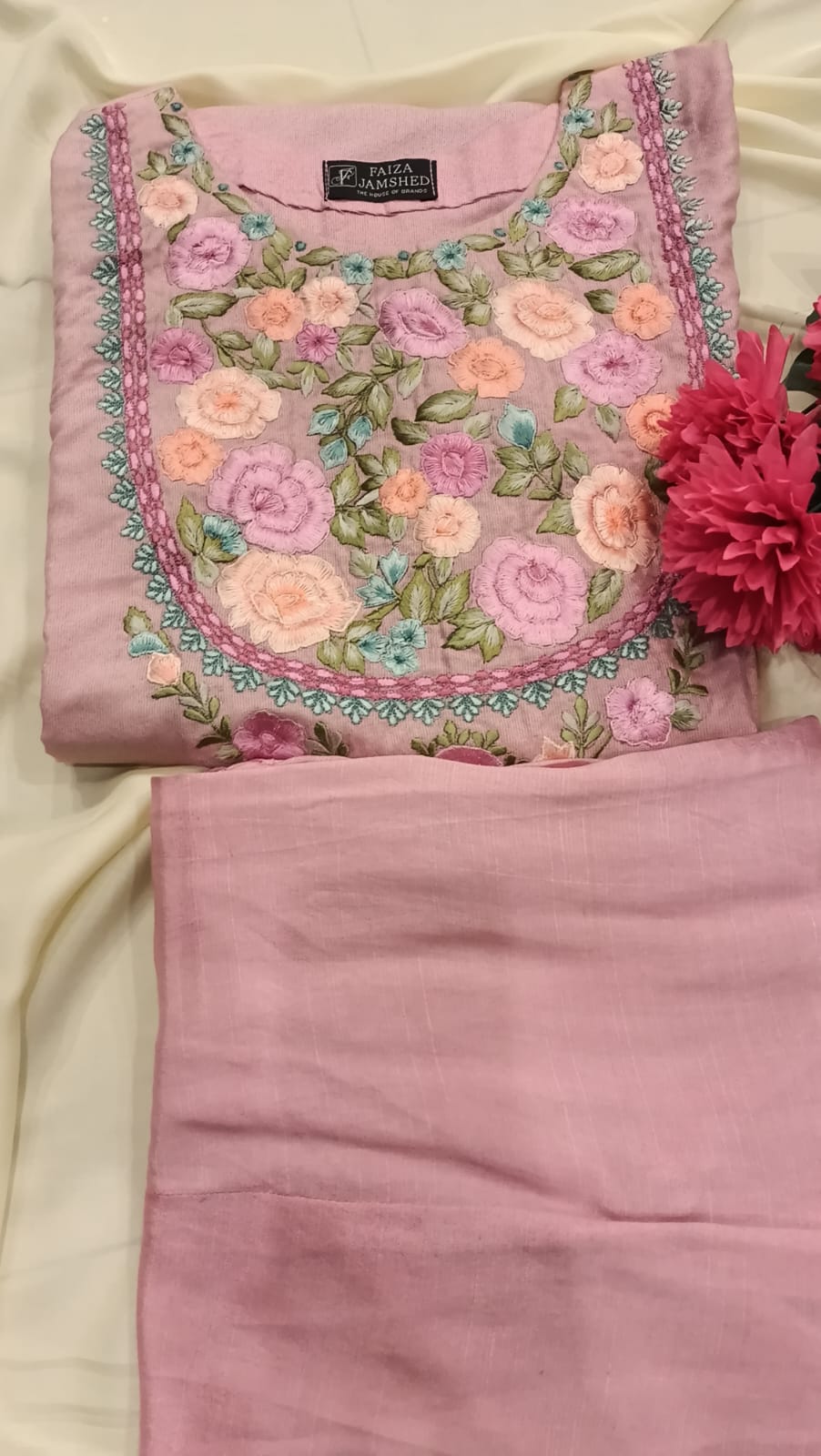 Pink Cotton Salwar Kameez Set with Floral Embroidery - 3 Piece Festive Suit with Crush  Silk Dupatta -
