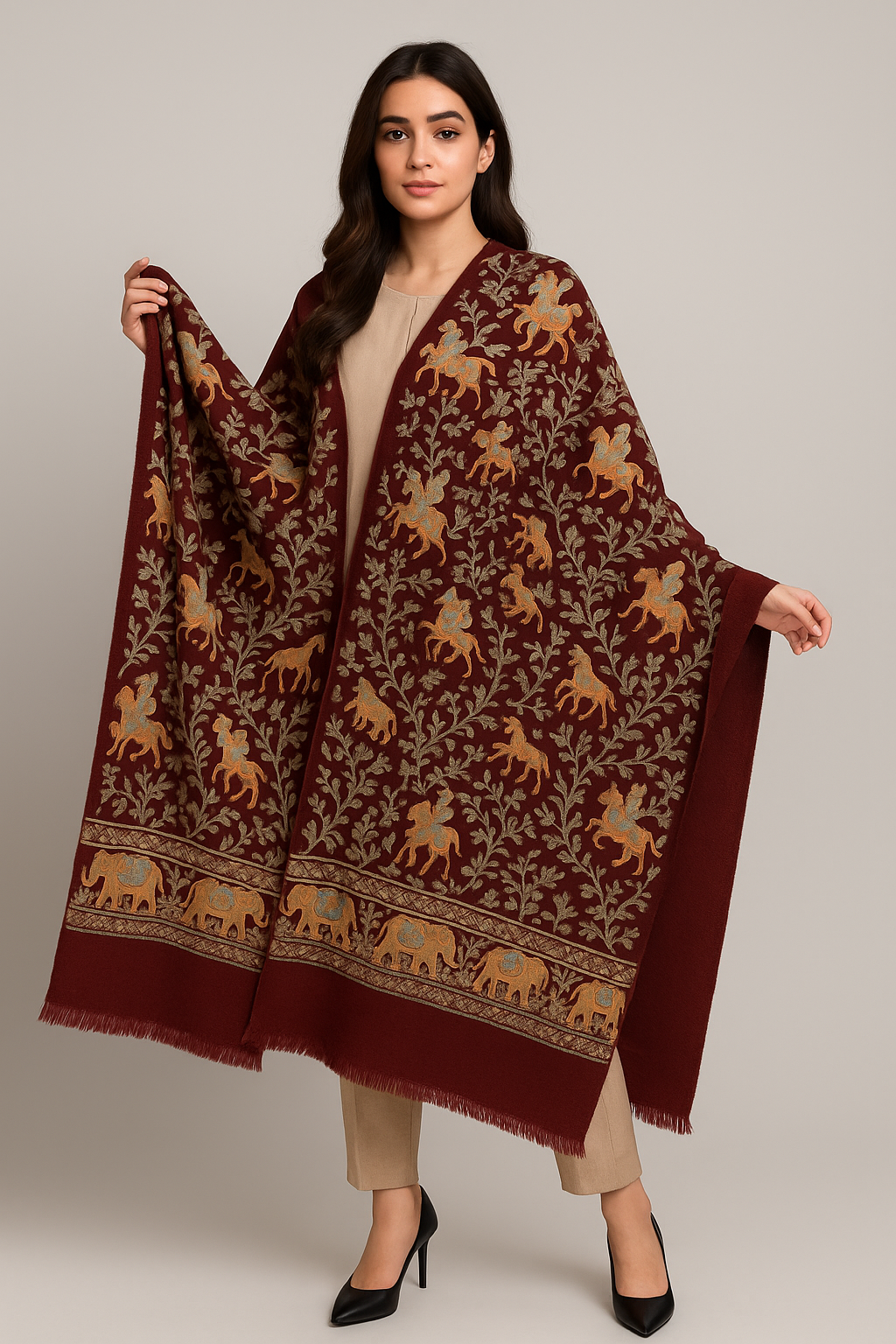 Maroon Pashmina Shawl with Royal Hunt Embroidery