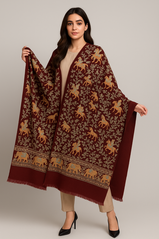 Maroon Pashmina Shawl with Royal Hunt Embroidery
