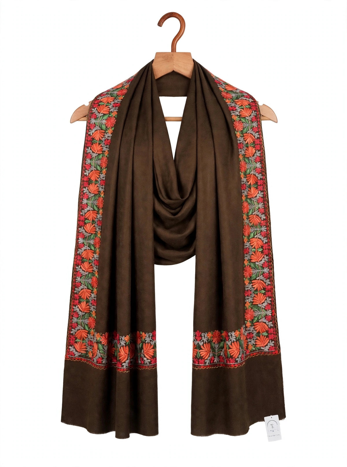 Noor - Mocha Brown Pure Pashmina Aari Embroidered Border Shawl