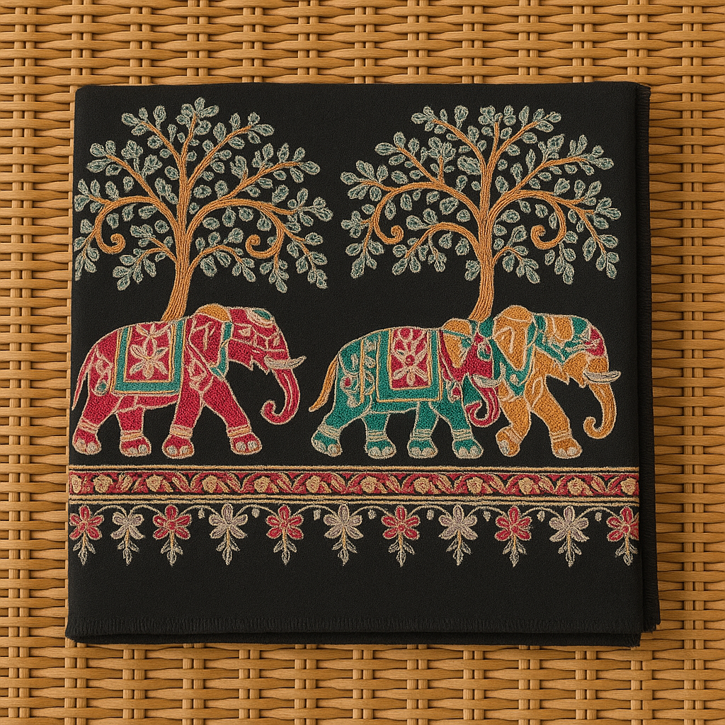 Luxury Pashmina Elephant Embroidery Shawl Black