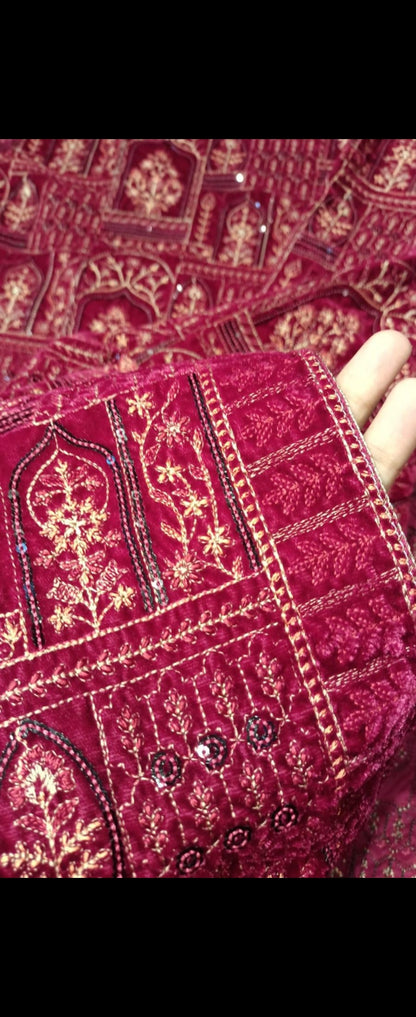 Burgundy Velvet Pakistani Dress with Heavily Embroidered Shawl