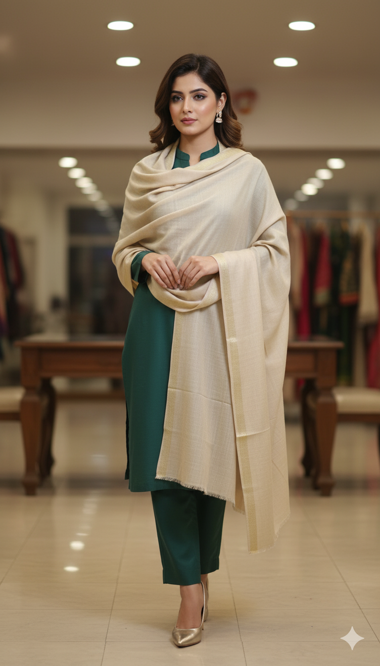 Elegant Zari Border Pashmina Shawl – Timeless Ivory