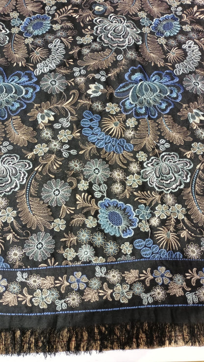 Luxury Karandi Embroidered Shawl – Black with Blue & Beige Aari Work