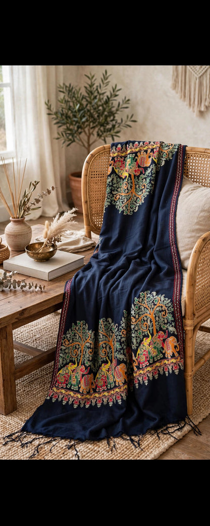 Noir Mughal Baagh Pashmina Shawl - Navy Blue Elephant Embroidered Border Shawl