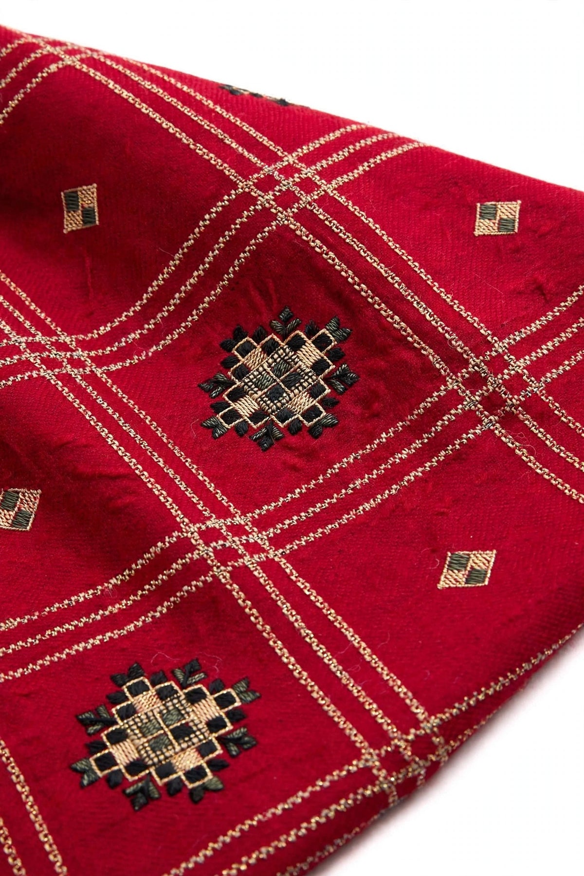 Ruby Red Embroidered Pashmina Shawl - Check Pattern with Mirror Work Motifs