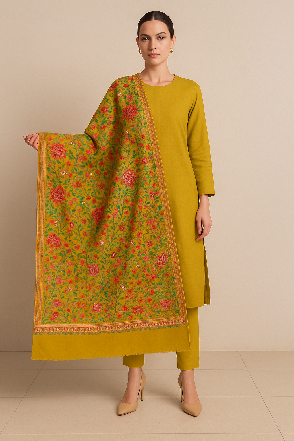 Golden Mustard Pashmina Aari Embroidered Shawl