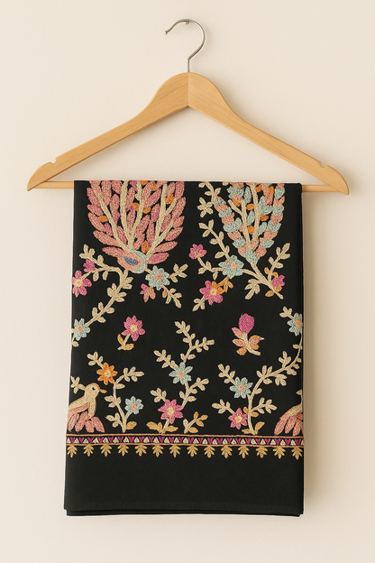 Luxury Peacock Embroidery Pashmina Shawl Midnight Black