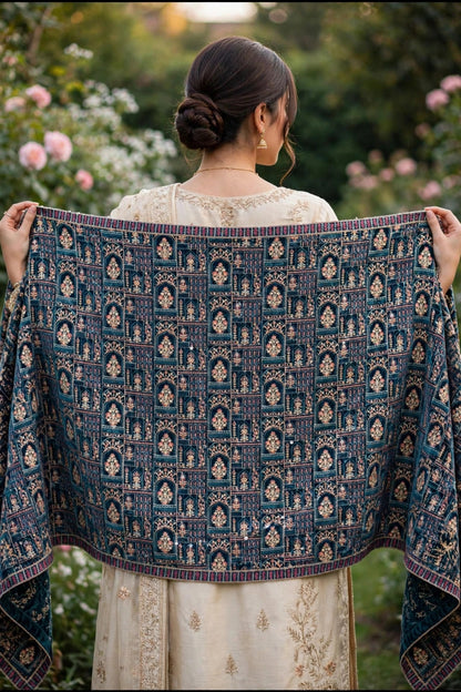 Noor-e-Jahan Teal Blue Fully Embroidered Velvet Shawl  Mughal Arch Design