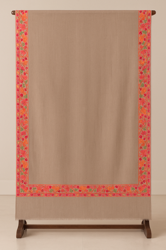 Luxury Pashmina Shawl with 4-Side Floral Embroidered Border