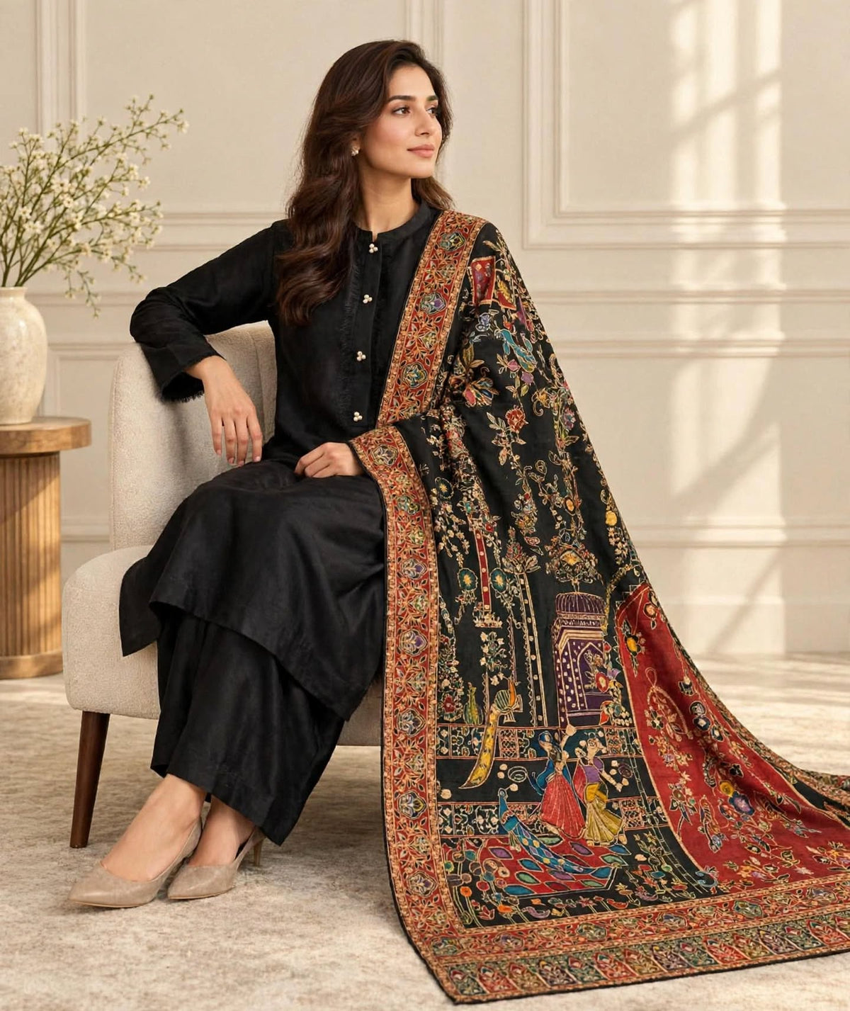 Noir Raqs - Premium Black Meenakari Shawl with Mughal Storytelling Art