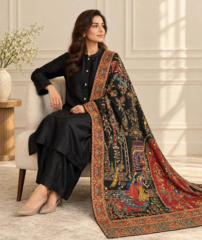 Noir Raqs - Premium Black Meenakari Shawl with Mughal Storytelling Art