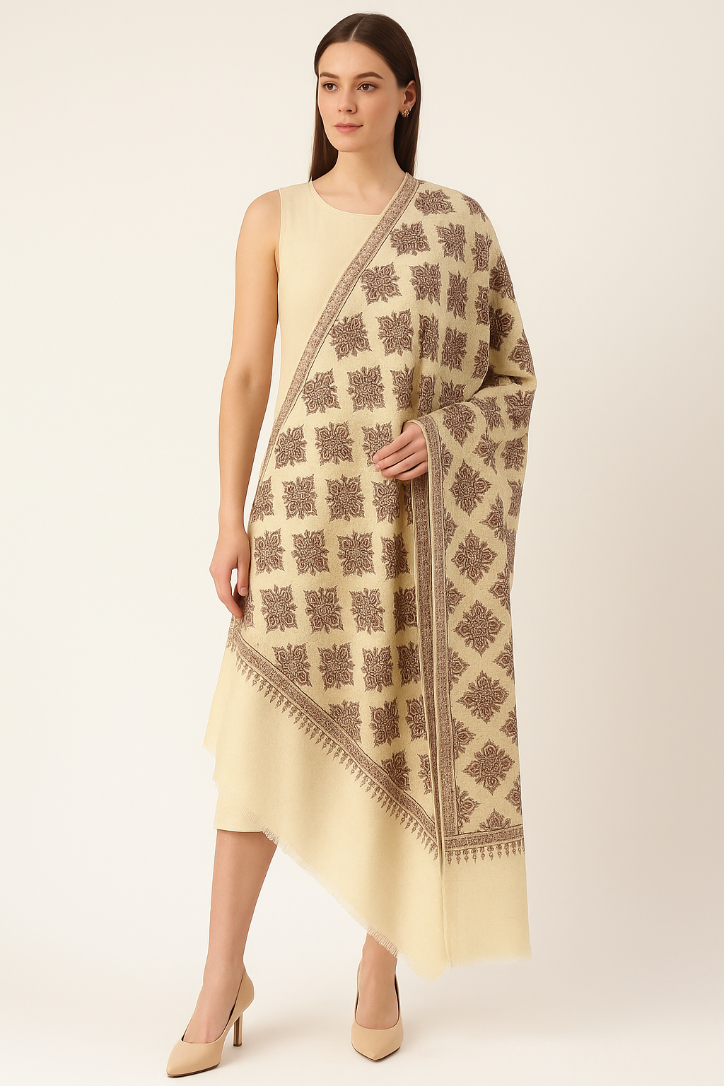 Luxury Pashmina Aari Embroidery Shawl  Beige & Brown Heritage Motif