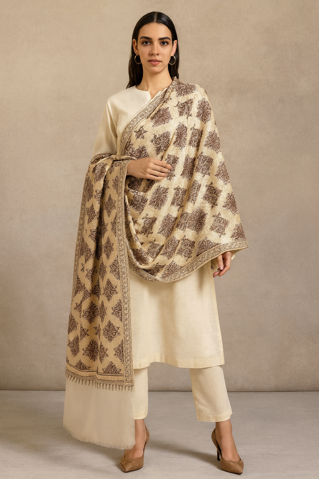 Luxury Pashmina Aari Embroidery Shawl  Beige & Brown Heritage Motif