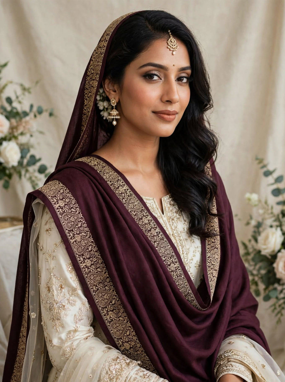 Plum Embroidered Pashmina Shawl - Gold Zari Paisley Border - Soft Wool Winter Shawl