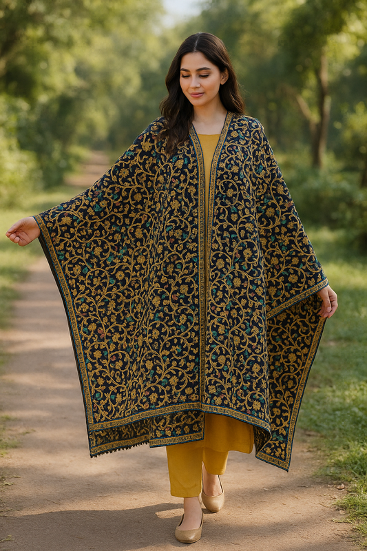 Kashmiri Aari Embroidered Wool Shawl Midnight Garden