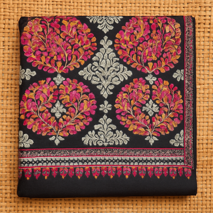 Luxury Embroidered Pashmina Shawl – Black with Multicolor Floral Motifs
