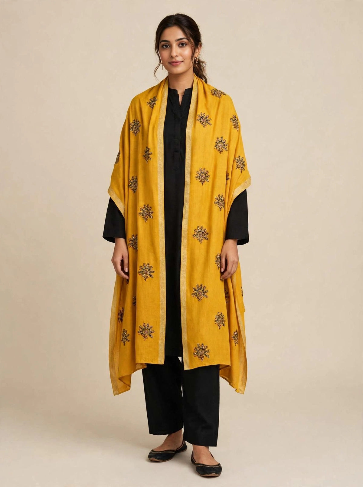 Mustard Embroidered Pashmina Shawl with Gold Zari Border | Booti Work Winter Shawl for Women