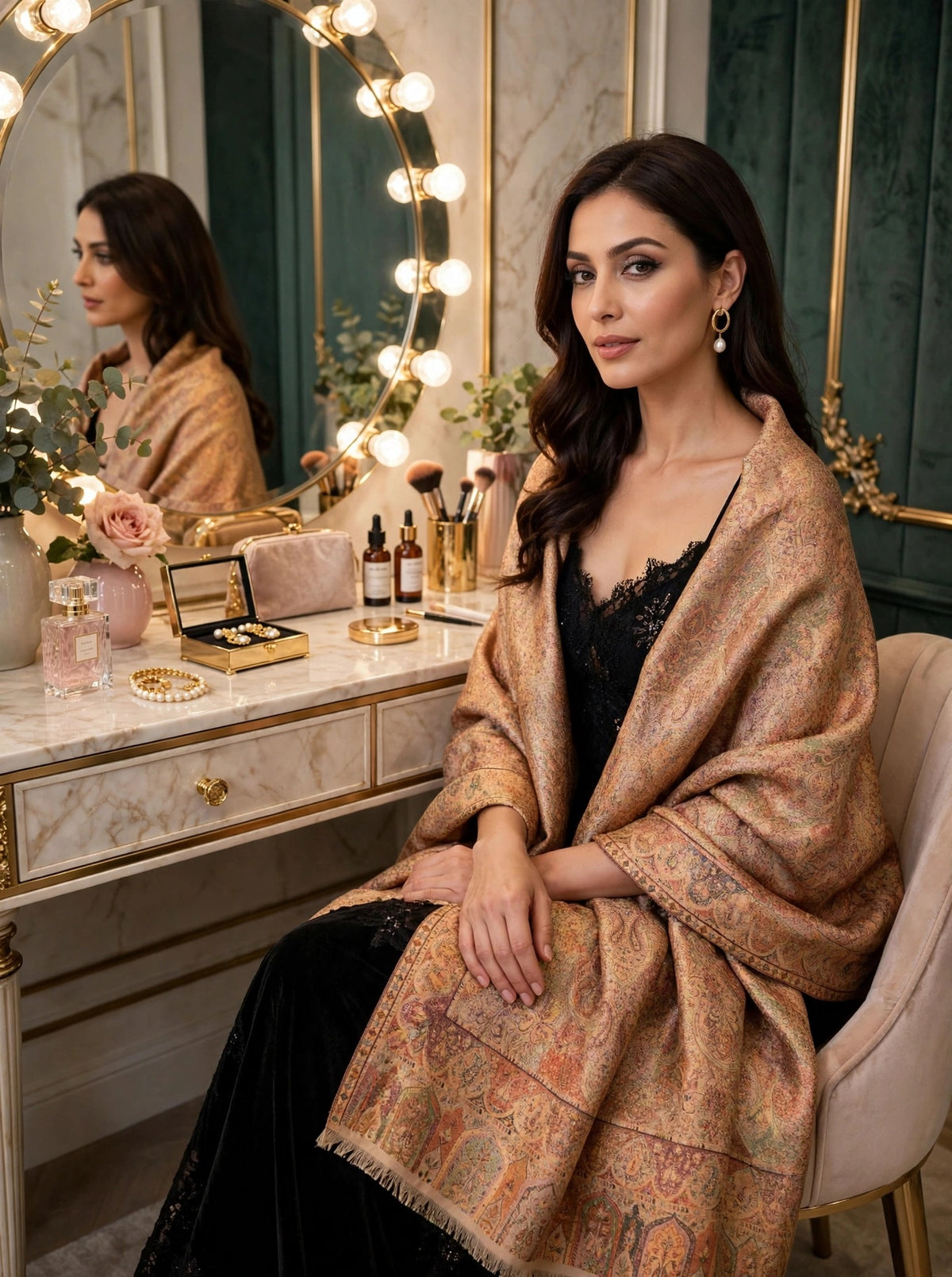 Reversible Kani Silk Zari Shawl - Beige Gold Paisley Pashmina Wrap