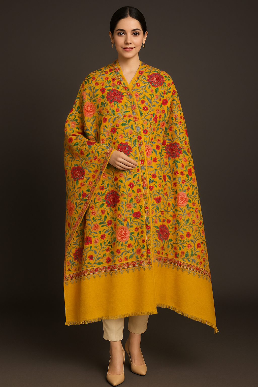 Golden Mustard Pashmina Aari Embroidered Shawl