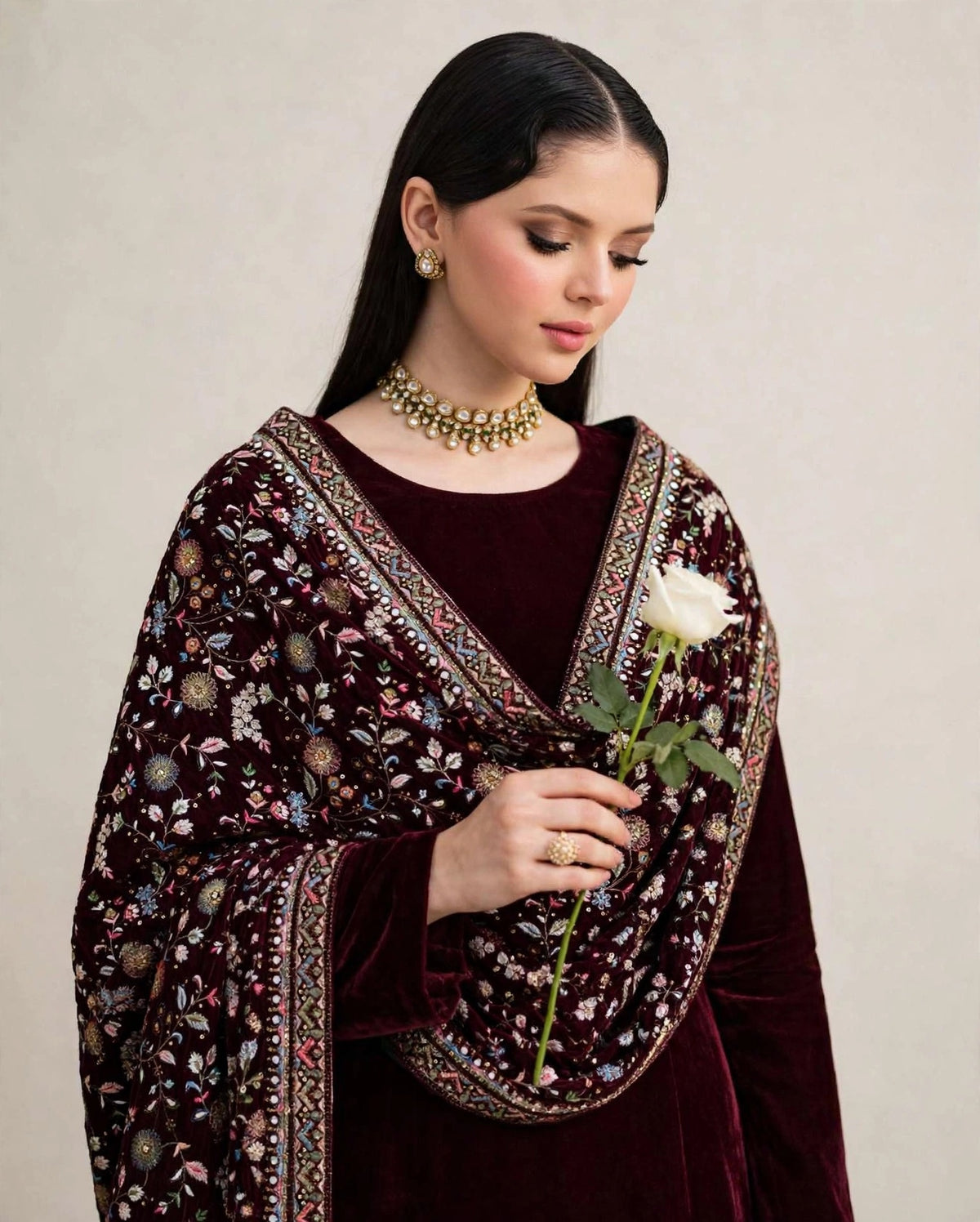 Raat Ki Rani - Burgundy Velvet Kalamkar Shawl Set