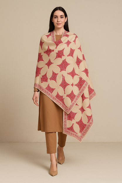 Luxury Pashmina Aari Embroidery Shawl Ivory & Crimson