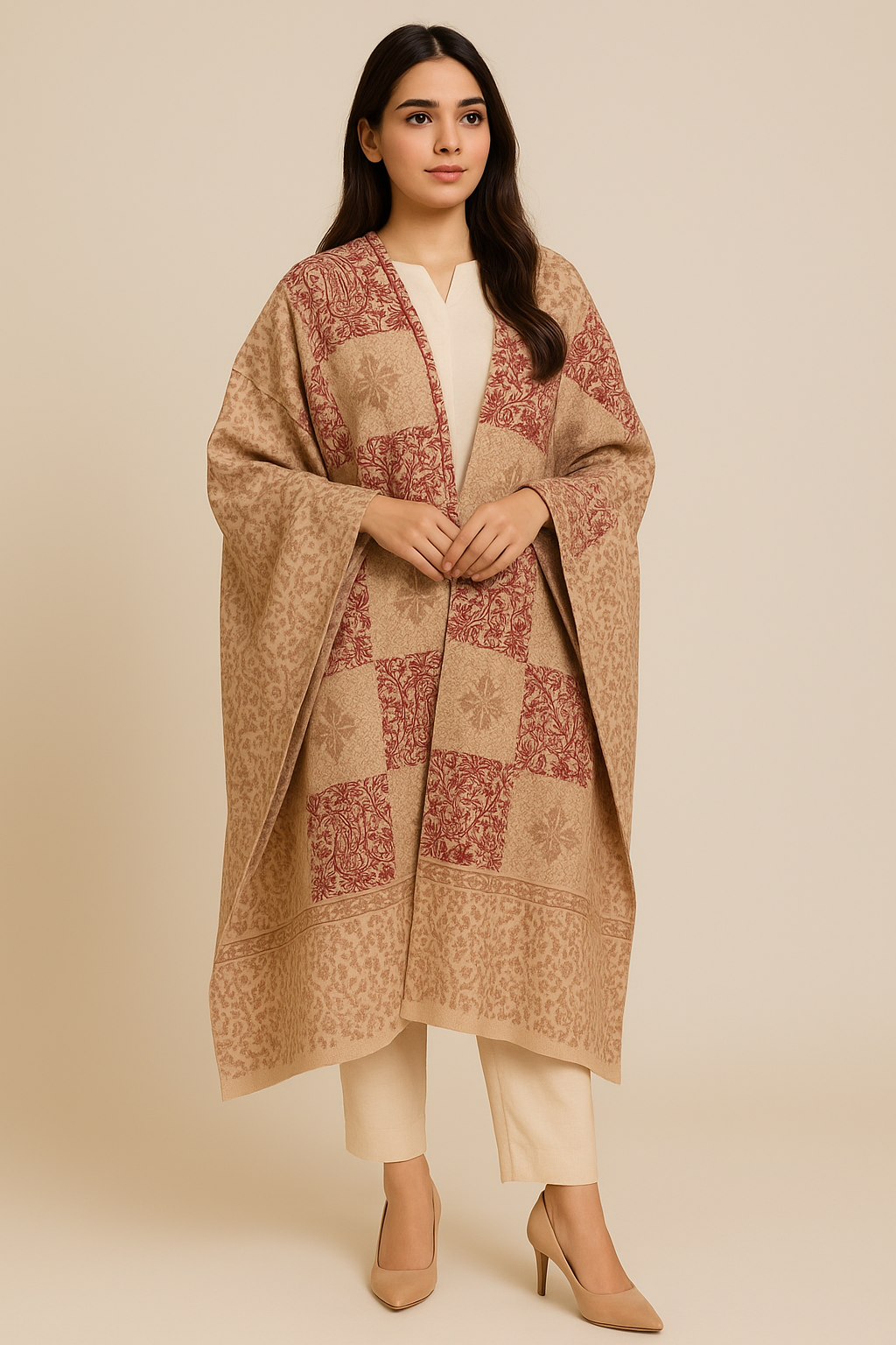 Beige and maroon pashmina shawl