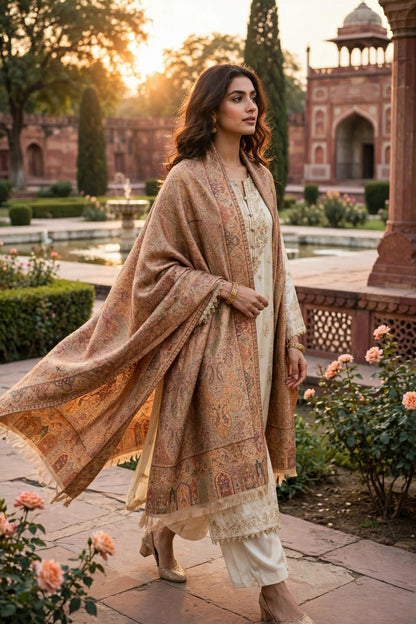 Reversible Kani Silk Zari Shawl - Beige Gold Paisley Pashmina Wrap